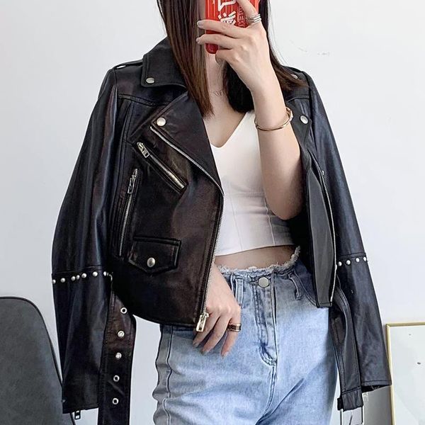 

women's leather & faux 100% genuine jacket women short motorcycle sheepskin coat female spring autumn clothes 2021 chaqueta mujer pph25, Black