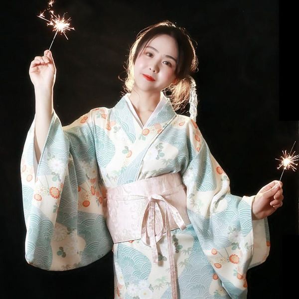 

women's japanese traditional summer kimono with obi beautiful daisy prints lady yukata cosplay wear stage performance dress ethnic clot, Red