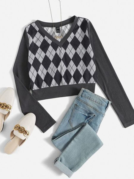 

argyleÂ pattern ribbed knit tee b3cd#, White