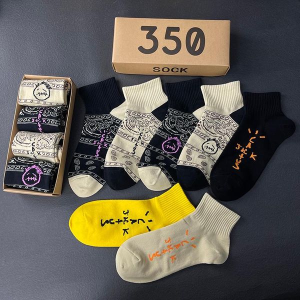 

men's socks mens ankle cactus jack low tube cotton travis scosport hip hop skateboard yellow /black sokken wholesale 4 pairs/box