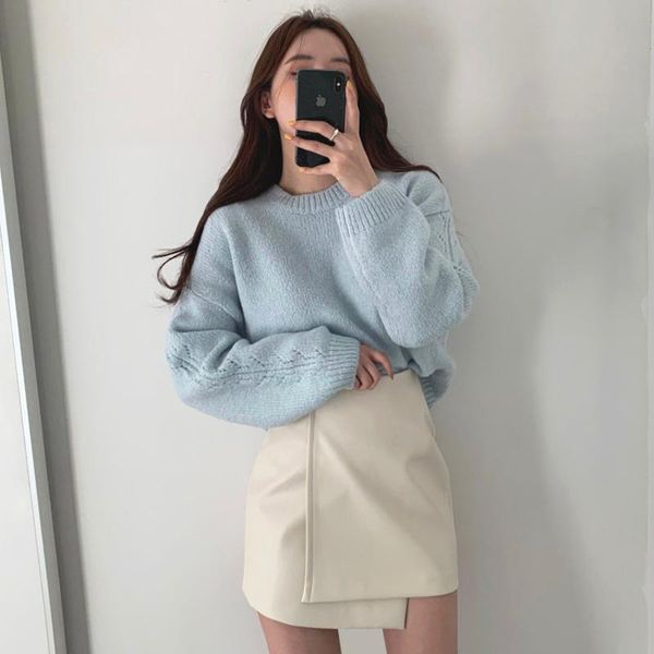 

women's sweaters korean sweater chic gentle round neck loose long sleeve high waist irregular leather skirt, White;black