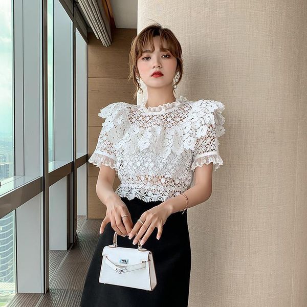 

white lace blouse women crop 2021 ruffles hollow out stand collar short sleeve fashion summer shirt women's blouses & shirts