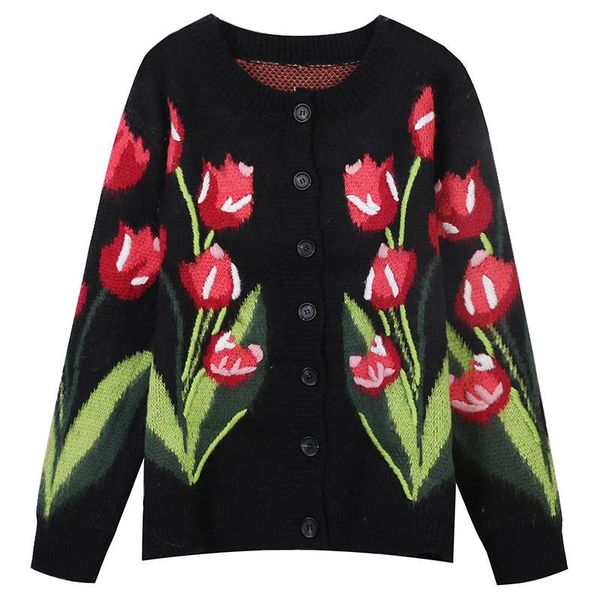 

women's knits & tees antique tulip flower embroidery loose mohair knitted cardigan autumn winter round neck versatile sweater, White