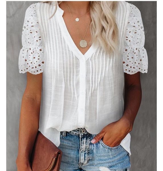

design fashion v-neck white lace patchwork womens and blouses summer casual office women tee shirt chemise femme blouse xs