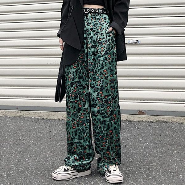 

women spring autumn fashion leopard print harajuku hip hop loose wide leg pants mop trousers high street women's & capris, Black;white