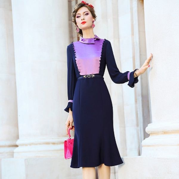 

casual dresses flare sleeve trumpet dress women autumn spring style celebrities medium length patchwork fishtail print skirt with belt 95zr, Black;gray