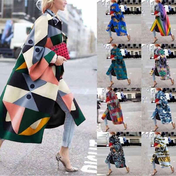 

women's trench coats 2021 winter women personality pattern long flared sleeve with pocket female designer clothes loose coat plus size, Tan;black