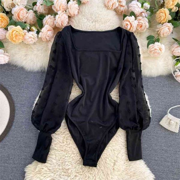

fashion women spring autumn square collar chiffon patchwork long puff sleeve blouse shirt casual female slim basic 210603, White
