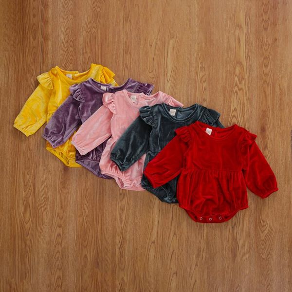 

jumpsuits autumn baby girls boys 0-18m bodysuits velvet solid ruffles long sleeve button 5 colors, Blue