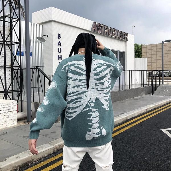 

men's sweaters skeleton bone jacquard sweater mens japan retro oversized knitting pullover autumn cotton harajuku loose, White;black