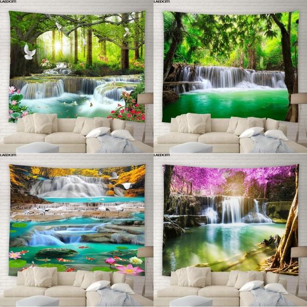 

tapestries landscape scenery wall hanging tapestry forest waterfall green plants flowers nature background beach towel yoga mat home decor