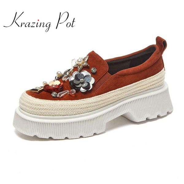 

dress shoes krazing pot sheep suede round toe high heels rhinestone pearl decoration beauty lady daily wear slip on casual women pumps l18, Black