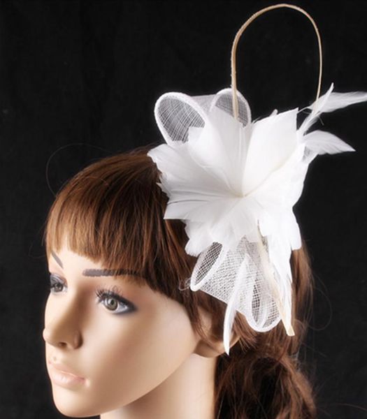 

elegant white bridal fascinator hair accessories sinamay loop with feather flowers adorned wedding headwear party cocktail hats