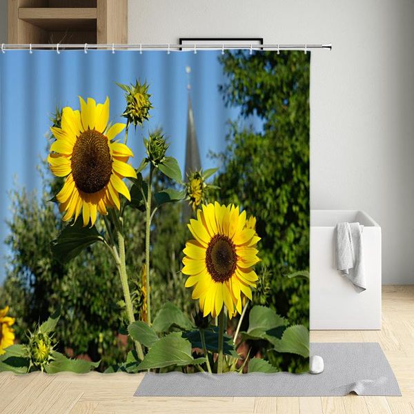 

shower curtains sunflower flower plant landscape curtain floral printing bathroom decor screen waterproof fabric bath with hooks