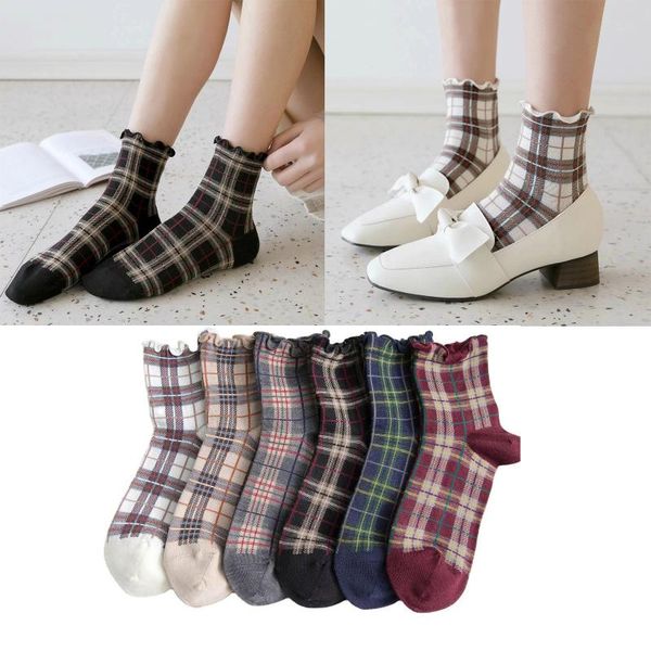 

socks & hosiery spring and autumn products japanese wooden ears scottish square women's retro medium tube plaid personality wholesale, Black;white