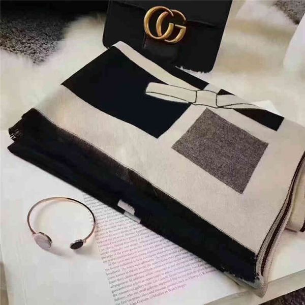 

70% off design scarf 2021 autumn and winter imitation cashmere scarf black white lattice splicing color bow shawl female, Blue;gray