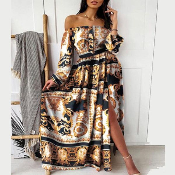 

casual dresses woman 202121 summer print dress v-neck pullover retro long-sleeved large swing urbano ropas mujer, Black;gray