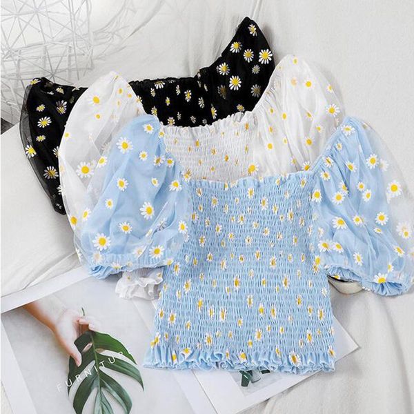 

elegant floral mesh blouse daisy shoulder lady off puff sleeves crop women's blouses & shirts, White