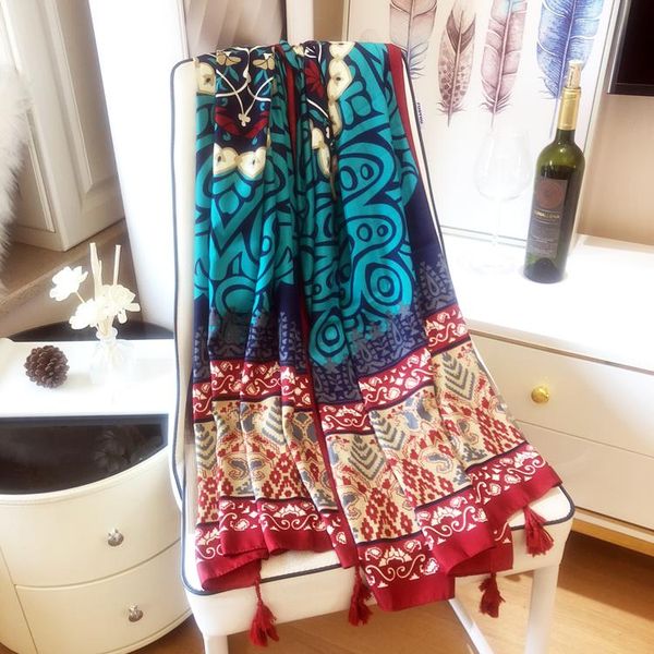 

scarves 100*180cm large summer cotton/linen sunscreen peacock /flowers pattern scarf shawl chal /xaile for cloak ornament, Blue;gray