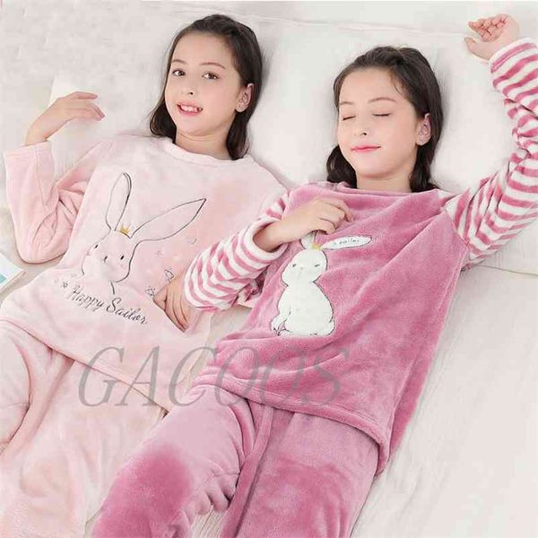 Jungen Mädchen Kleidung Pyjamas Set Flanell Fleece Warm Catoon Nachtwäsche Teen Home Anzug Winter Herbst Frühling 6 8 10 12 14Y Pyjamas Kinder 210728