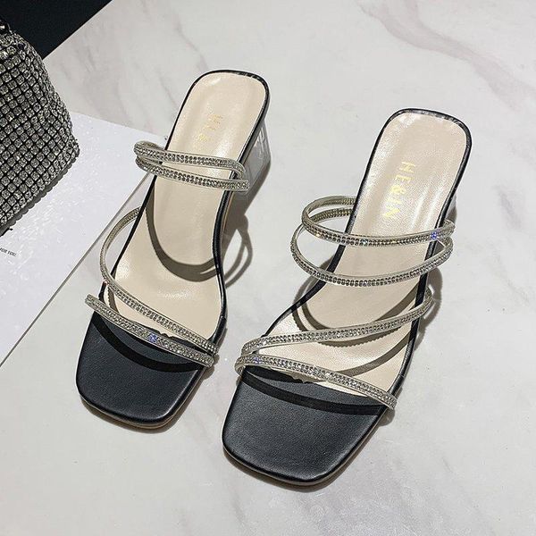 

sandals transparent high heels women summer party shoes celebrity wearing simple style pvc clear strappy bling square heel, Black
