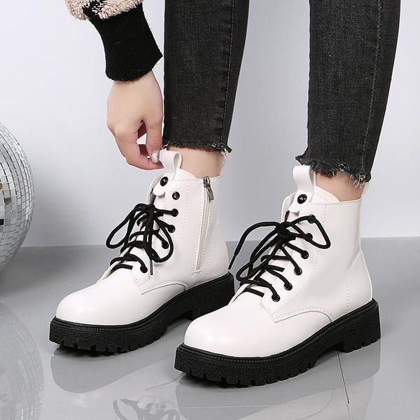 

boots 2022 motorcycle women's winter soft leather shoes black botas wedges female lace up platforms women white mujer