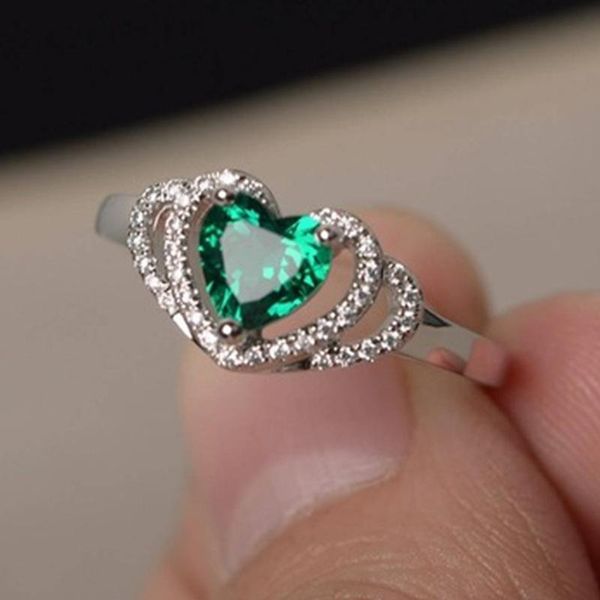 

cluster rings simple fashion green crystal heart for women female ring jewelry ladies love promise wedding, Golden;silver
