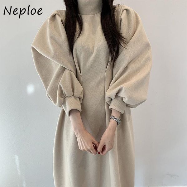 

neploe chic pleated slim waist puff sleeve dresses loose simple all-match turtleneck hoody dress solid color a-line vestidos casual, Black;gray