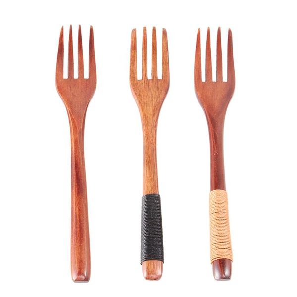 

3pcs japanese style fork with tied line on handle wooden four-teeth forks tableware for home