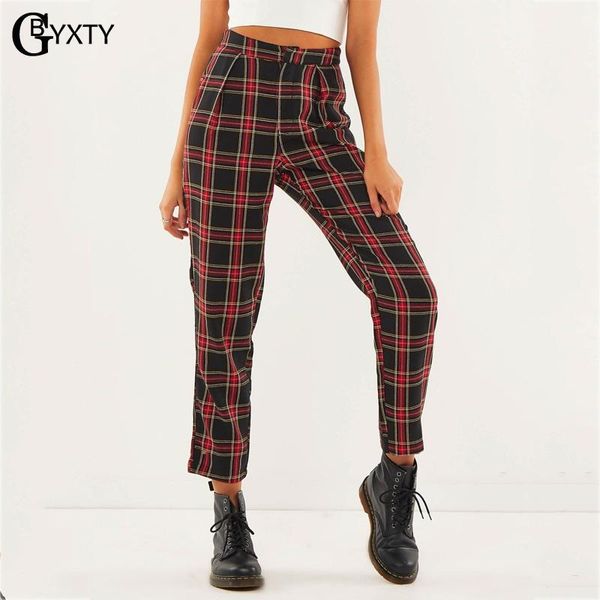 

women's pants & capris gbyxty pantalones mujer autumn winter cotton red plaid straight ankle-length casual high waist trouser za1267, Black;white