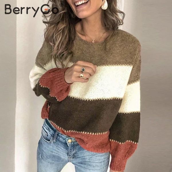 

berrygo fashion color block pullovers women autumn winter loose female jumpers sweater casual plus size ladies knitted 210513, White;black