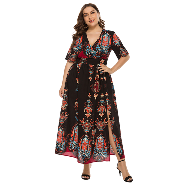 

plus size dresses elegant women's dress bohemi print deep v neck split skirt long 5xl women outfit female fashion, Black