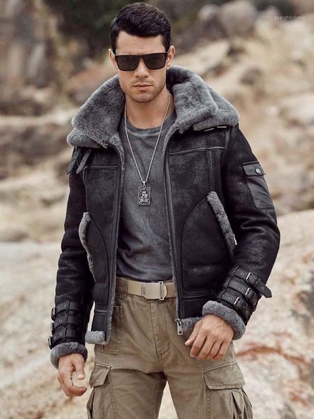 

men's leather & faux shearling coat mens b3 bomber jacket short fur black fashion motorcycle winter coats
