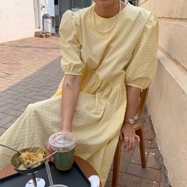 

korean elegant retro dress female yellow three-dimensional wave dot design loose puff sleeve big swing doll dress long dress 210514, Black;gray