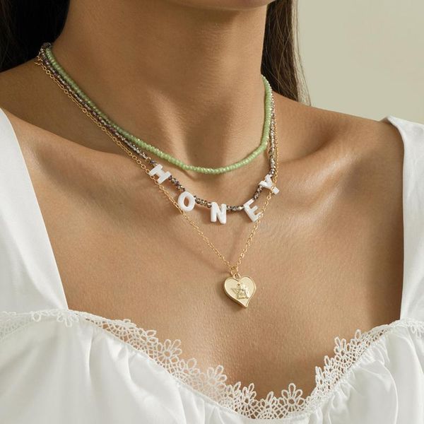 

pendant necklaces retro fashion hand-weave beaded multilayer chain chokers necklace for women trendy geometric heart letter jewelry femme, Silver