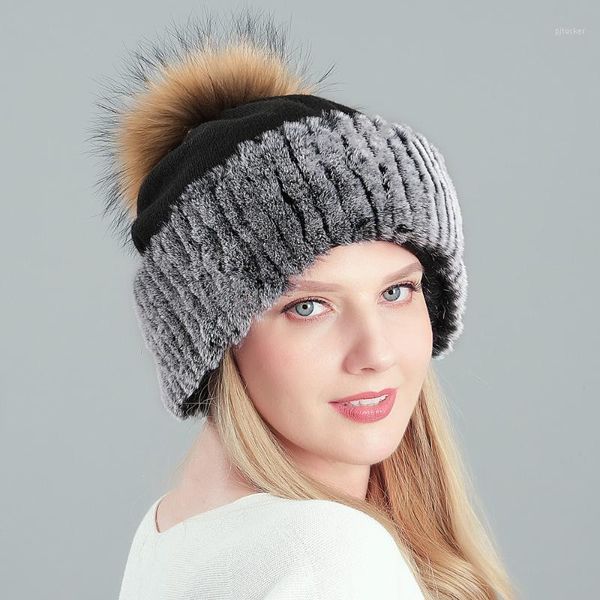 

beanie/skull caps rex fur knitted cotton hats for women winter thick warm slouchy beanies female with pom1, Blue;gray