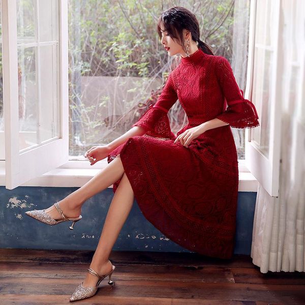 

elegant evening dress 2021 chinese lace retro flared sleeves a-line ball gown vestido estilo chino robe formal gowns ethnic clothing, Red