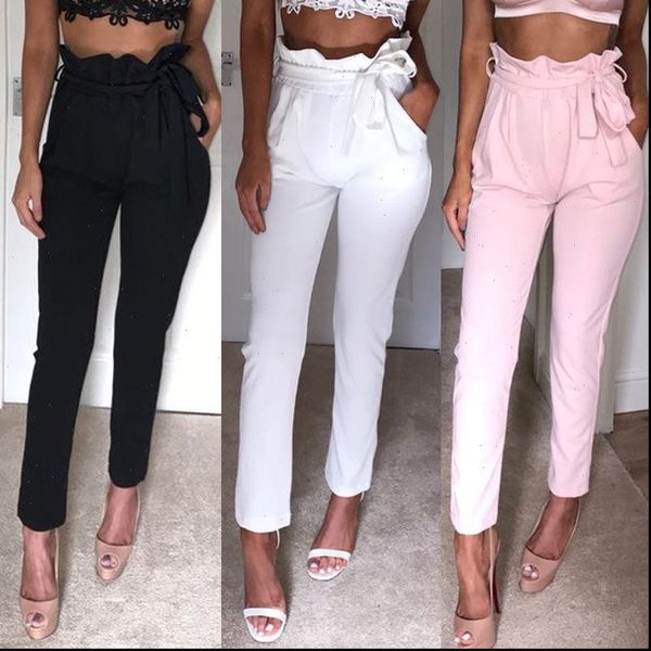

women pants high waist slim skinny stretchy bow belt drawstring ol jeggings pencil palazzo trousers, Black;white