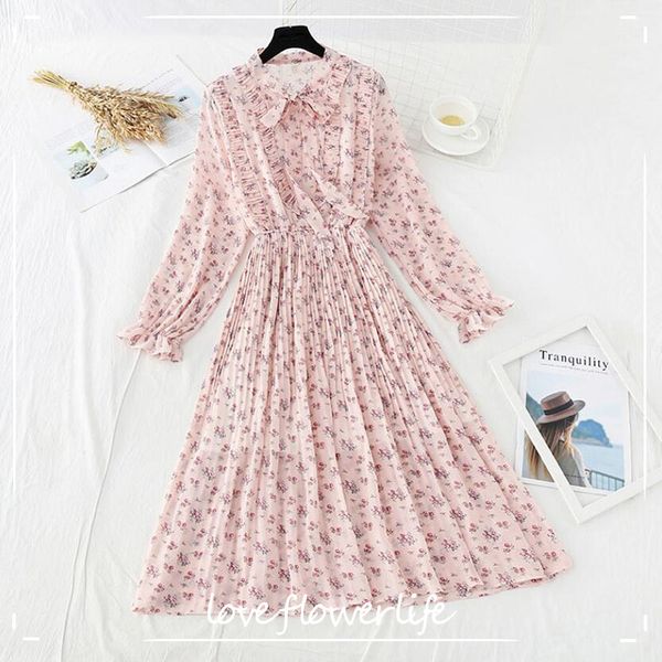 

autumn vintage floral print women dress elastic waist casual long sleeve bow chiffon midi dress elegant party vestidos 210521, Black;gray