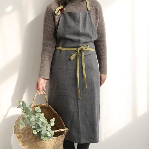 

aprons simple solid color cotton and linen waterproof antifouling pinafore with large pocket household kitchen chef florist