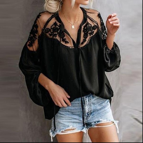 

lace flower vintage v neck women shirts long sleeve hollow out tunic casual plus size mujer, White