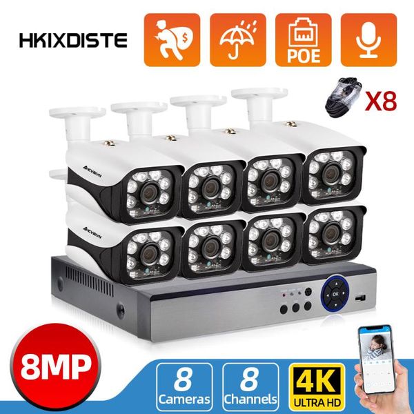 

video surveillance kit 8mp cctv camera security system h.265 audio record poe ip nvr set wireless kits