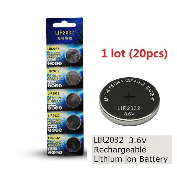 20 pcs 1 lote baterias lir2032 3.6V lítio li íon botão recarregável bateria de célula 2032 3.6 Volt Li-ion Coin CR2032 cartão