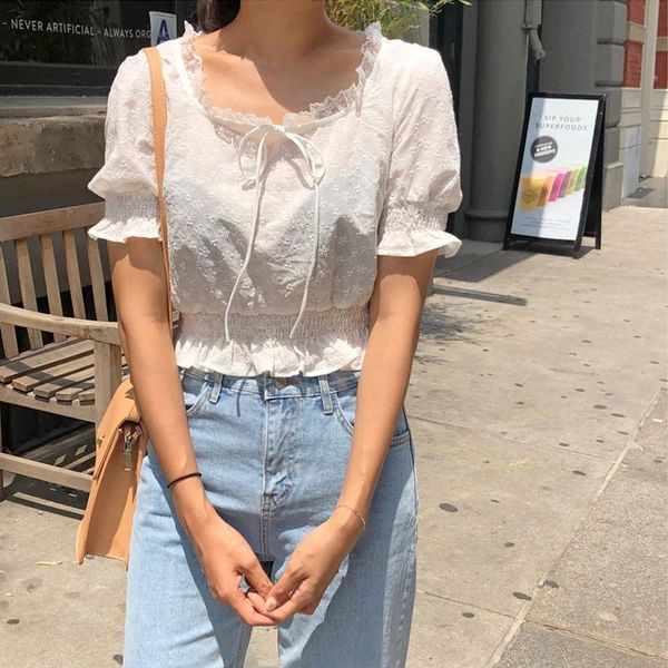 

women's t-shirt 2021 summer embroidery floral casual bow lace up loose fresh simple short-sleeved sweet all-match white shirts