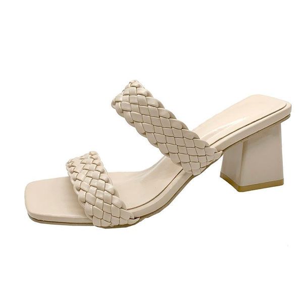 

slippers 2021 summer women slipper fashion brand weave sandal shoes thin high heel narrow band ladies elegant dress slides 61719, Black