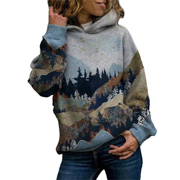 

women's mountain forest pattern party pullover hooded sweatshirt graphic 3d printing round neck long sleeve casual fall winter, Black