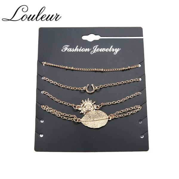 

louleur 4pcs/ set vintage leaves link bracelets for women bijoux gold color sun bracelet bangles adjustable female jewelry link, chain, Black