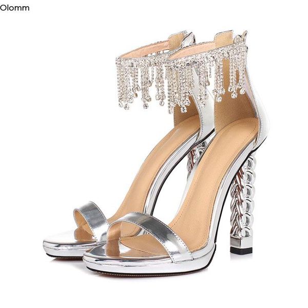 

olomm handmade women crystal sandals square high heels open toe gorgeous silver black prom shoes us size 3-9