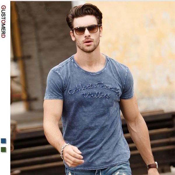 

gustomerd water washed new fashion design mens t-shirts embroidery short sleeve o neck tees cotton casual t shirt men 210324, White;black