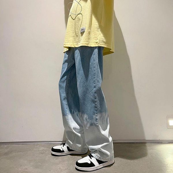 

men's jeans spring summer wide-leg fashion retro harajuku gradient men streetwear loose hip-hop straight denim trousers, Blue